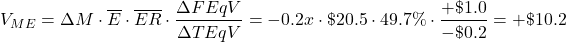 \[ V_{ME} = \Delta M \cdot \overline{E} \cdot \overline{ER} \cdot \frac{\Delta FEqV}{\Delta TEqV} = -0.2x \cdot \$ 20.5 \cdot 49.7 \% \cdot \frac{+\$1.0}{-\$0.2} = + \$ 10.2 \]