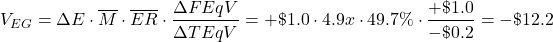 \[ V_{EG} = \Delta E \cdot \overline{M} \cdot \overline{ER} \cdot \frac{\Delta FEqV}{\Delta TEqV} = +\$1.0 \cdot 4.9x \cdot 49.7 \% \cdot \frac{+\$1.0}{-\$0.2} = - \$ 12.2 \]